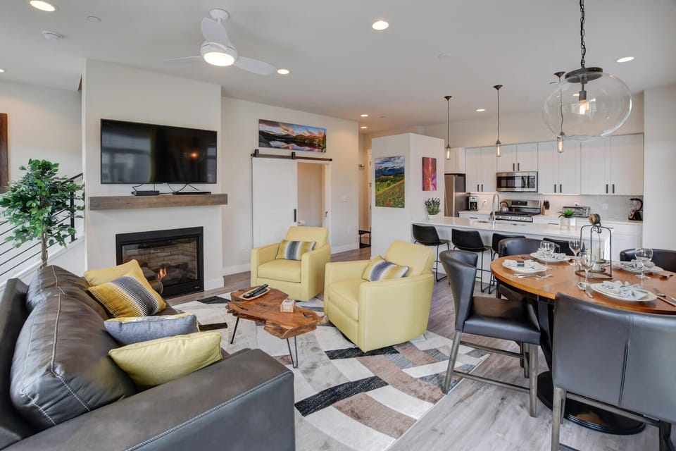 The Open Floor with Sofas, TV, Dining Table, Chairs, and the Kitchen.