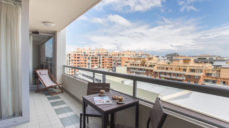 Apartment balcony. Views over Pyrmont Village and the Anzac bridge. 