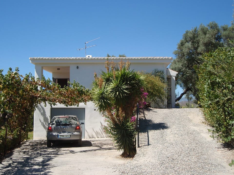 Vine covered parking area & slope to house