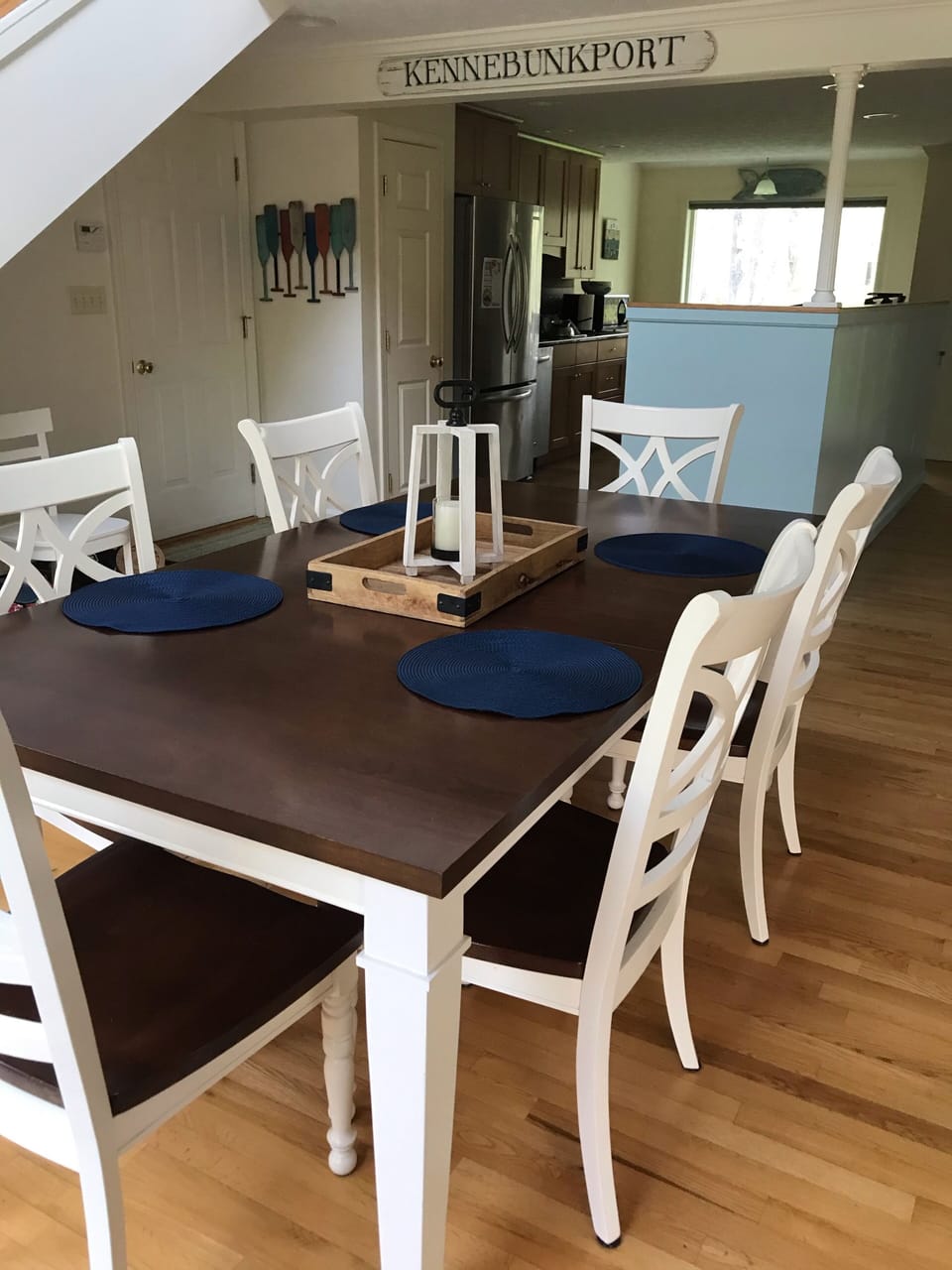 Dining table seats 8 comfortably.