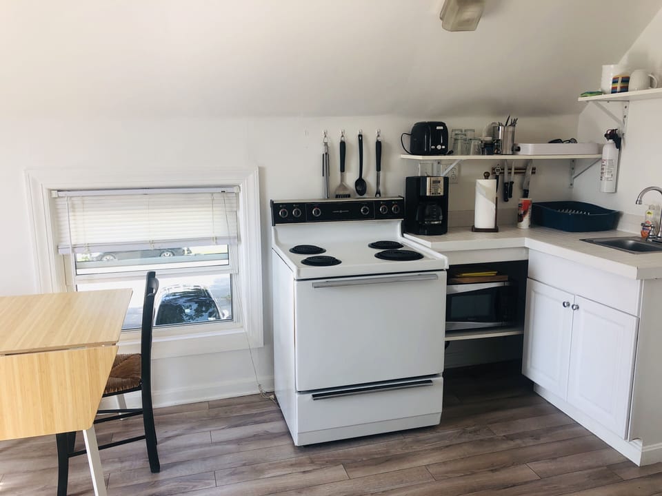 Kitchen with stove, oven, microwave, and new fridge (Summer 2019).