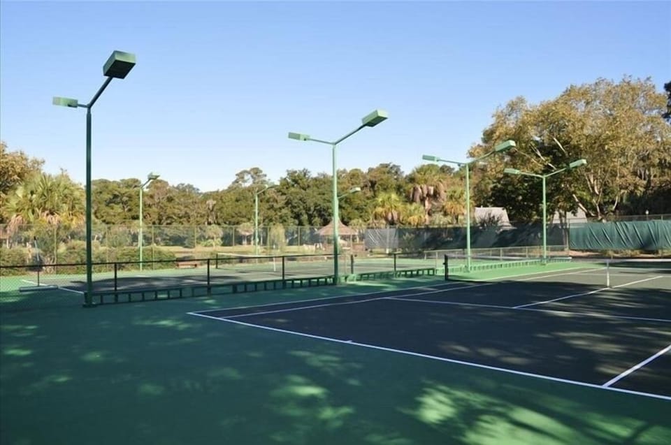 One of Evian's 6 lighted Tennis Courts.  Also features three pickle ball courts.