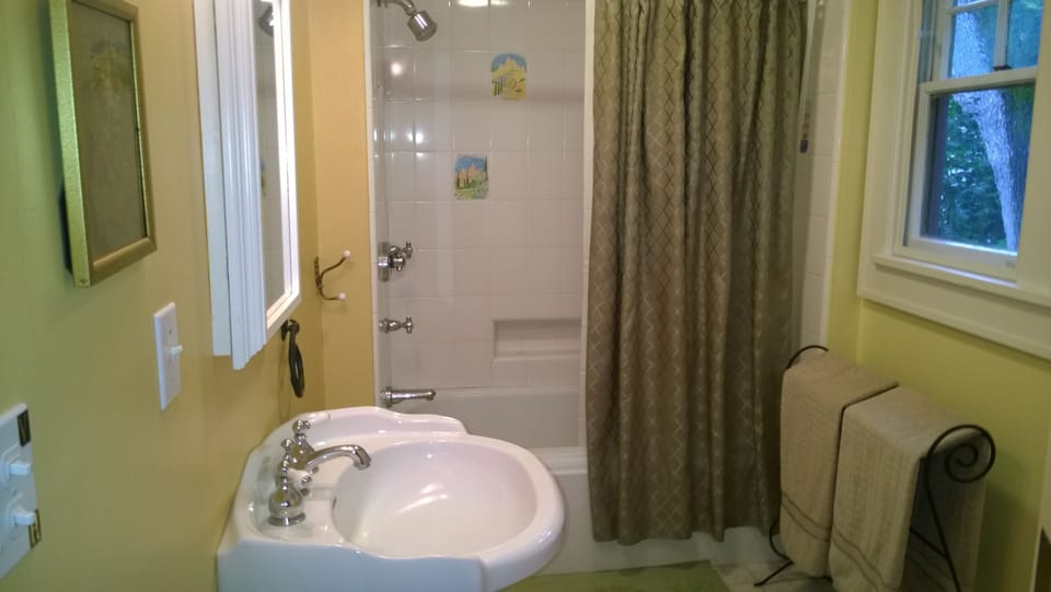 Bathroom with tub shower combo.