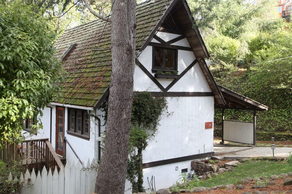 Street view of home on corner lot lined with native trees and walking distance to parks and shops