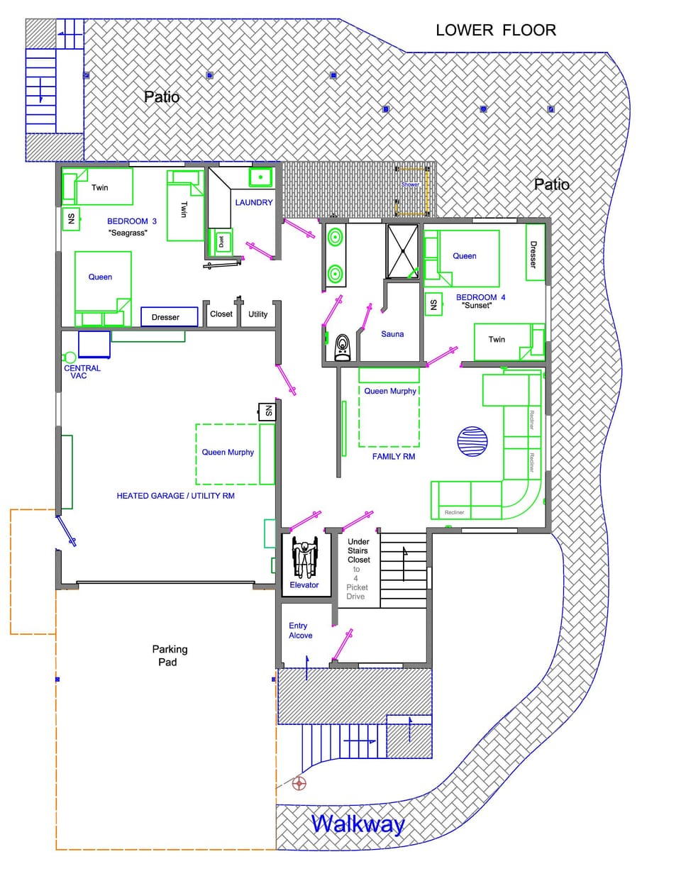 Lower Floor Plan showing Bedrooms, Family room, Sauna and Elevator