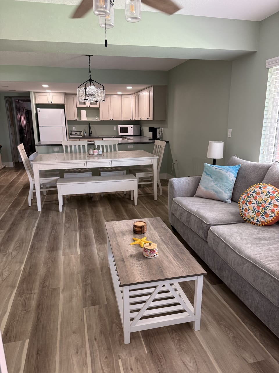 Living room seating, dining room, kitchen