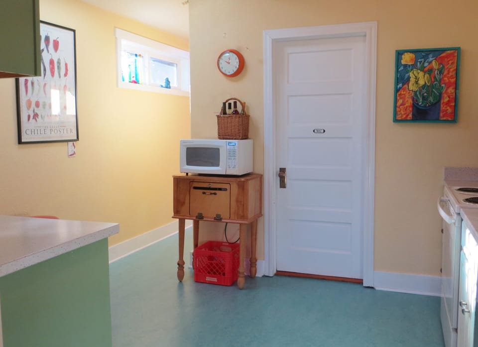 door into the bathroom from kitchen (also a door from the bedroom)