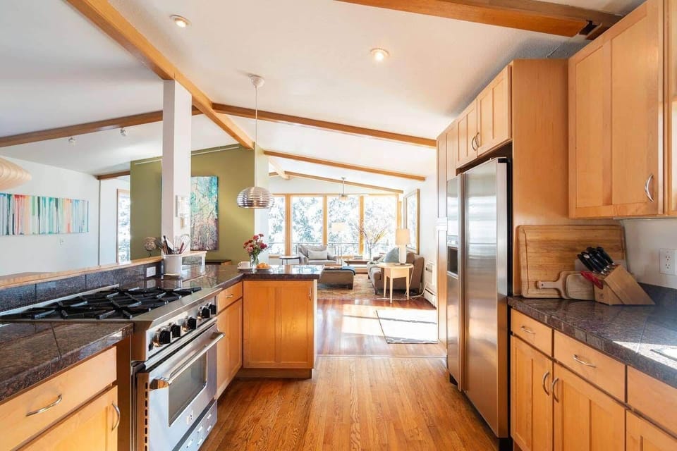 Spacious kitchen.  Fully stocked with high-end pots and pans, cookware.