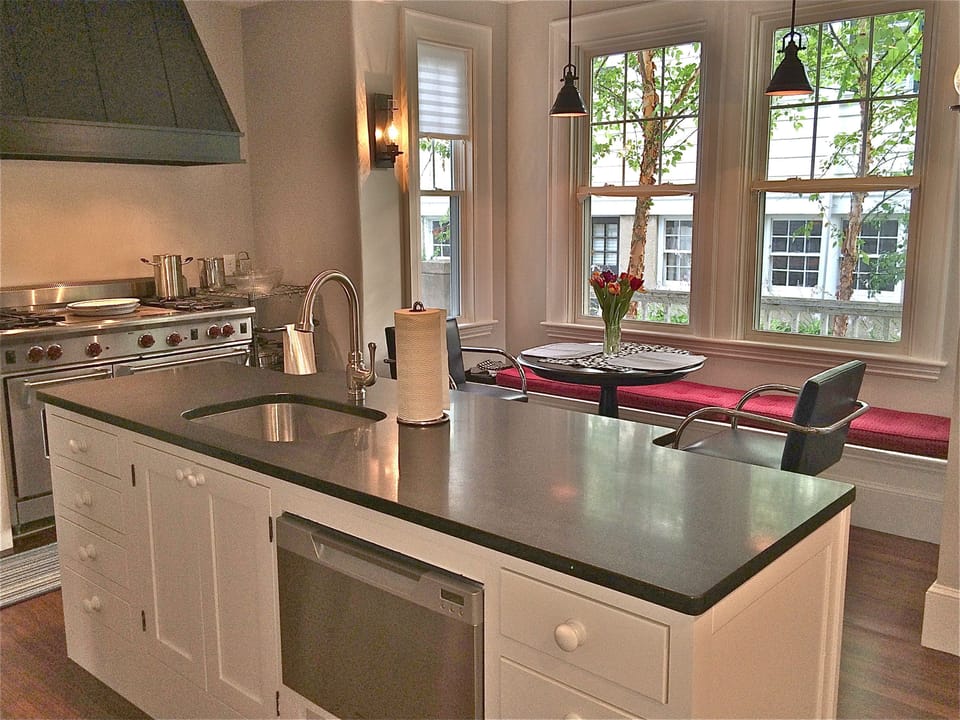 Bay window breakfast, Wolf range,  Sub Zero refrig--, all the luxuries of home.