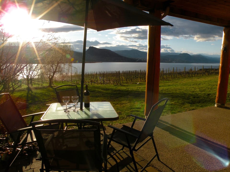 Dine "al fresco" with private sunset, lake and vineyard views! Seating for 8