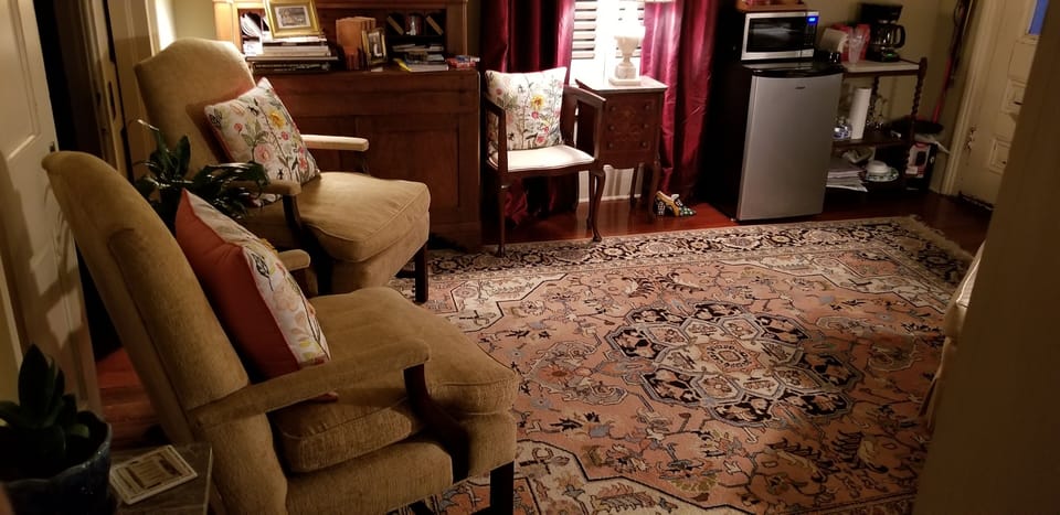 Sitting Area View with Small Fridge, Microwave & Coffee Setup from 1st Bedroom