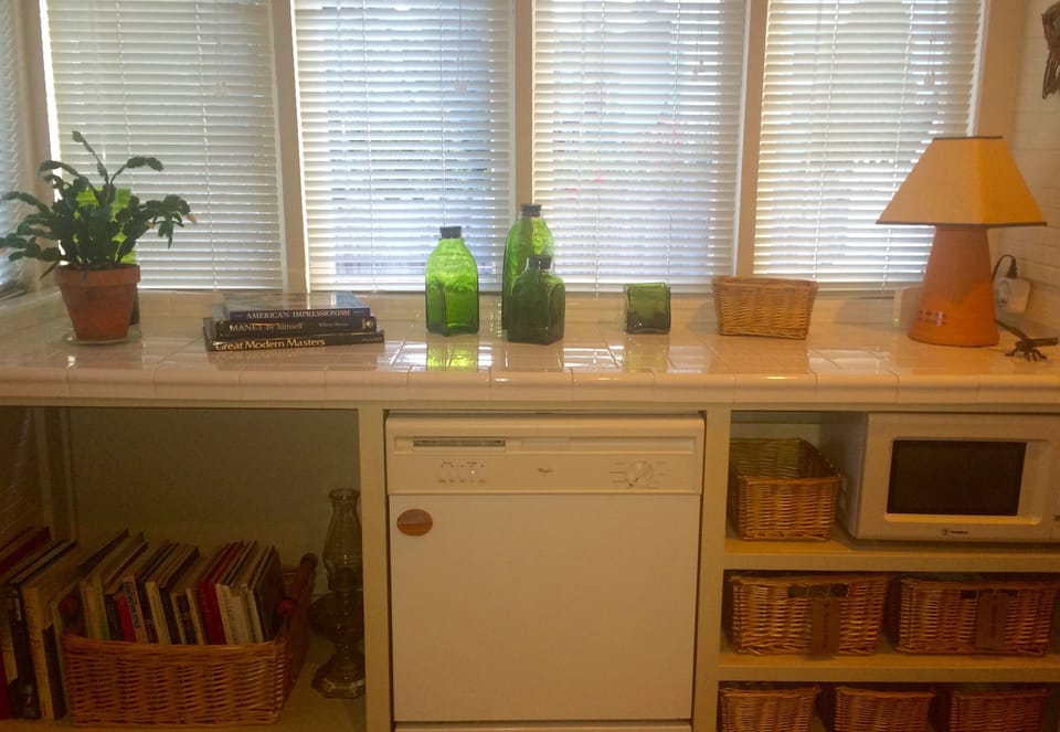 Sunroom; dishwasher, art and garden books