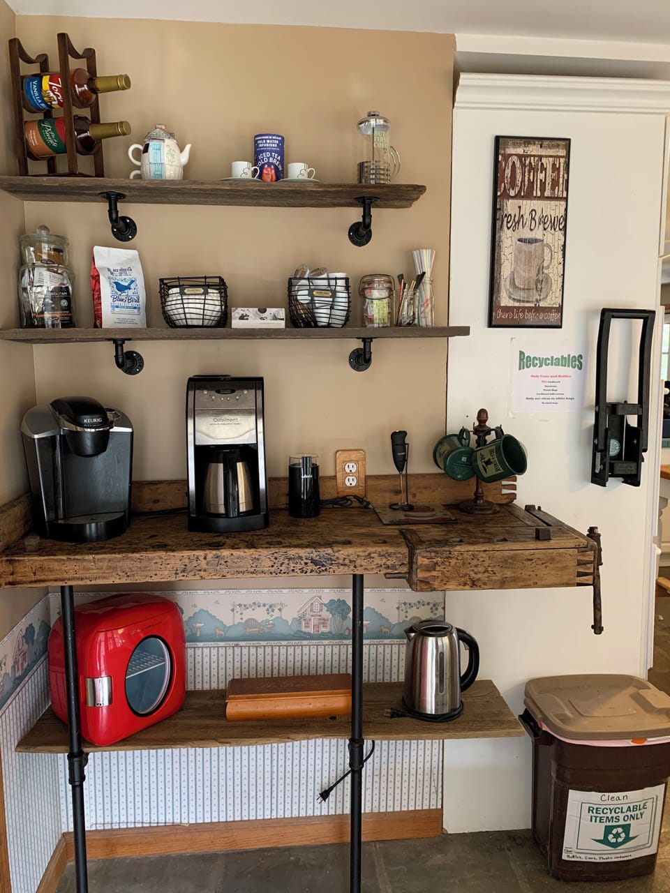 Coffee Bar repurposed from an old work bench and barn siding.