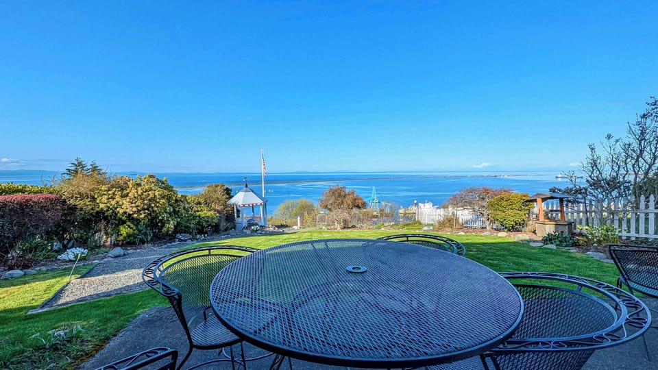 Back yard with grill and patio furniture