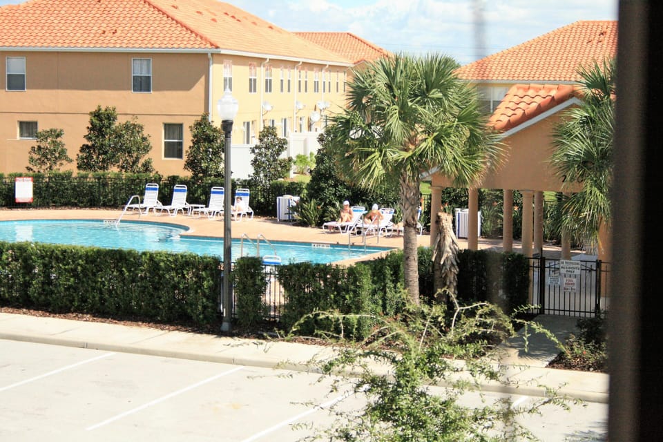 Gated community pool area with curved blue water, tan brick pavers, lounge chairs, and palm trees nearby.