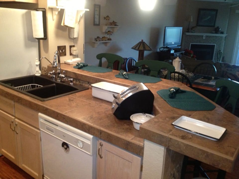 Counter and stools for casual meals. 