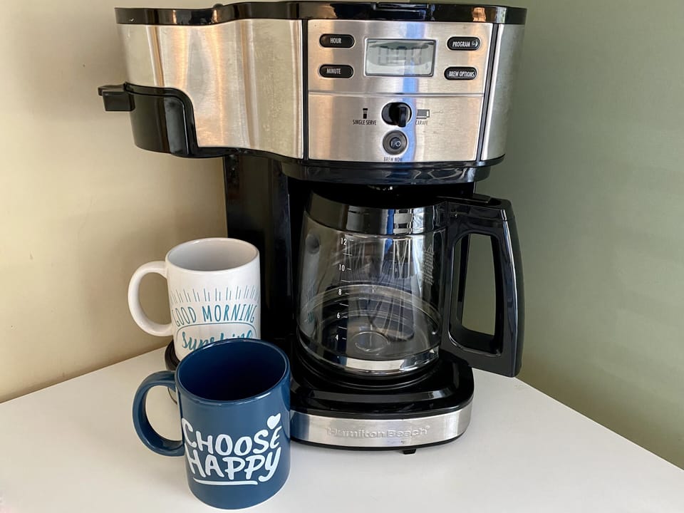Hamilton Beach drip coffee machine. Filters are provided (BYO coffee)