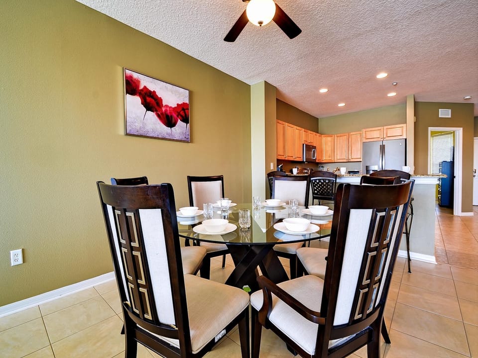 Dining table seats 6 guests.