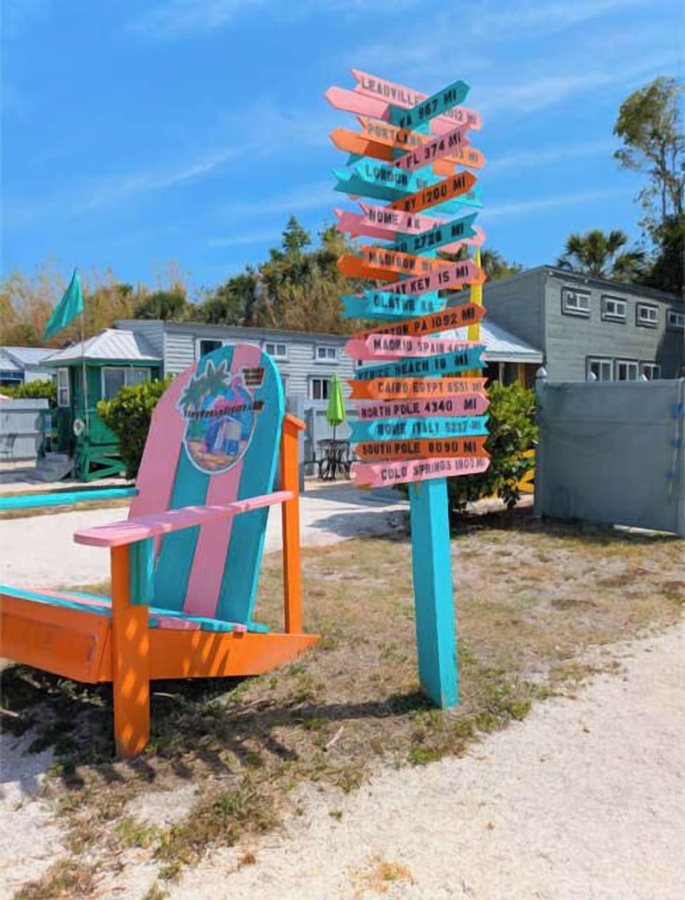 A colorful beach themed signpost, a bright Adirondack chair - a fun spot to capture vacation memories
