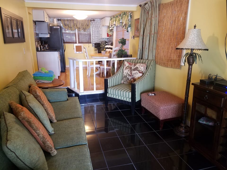 Living room and step us rail to kitchen