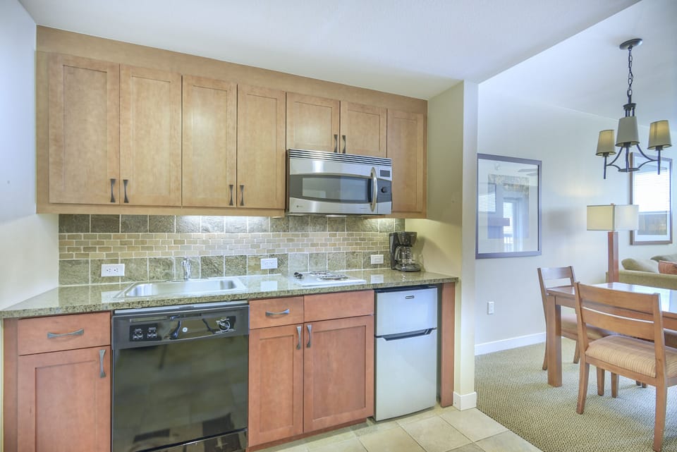 Kitchen - Granite counters, in-counter burners, mini fridge, and dishwasher.
