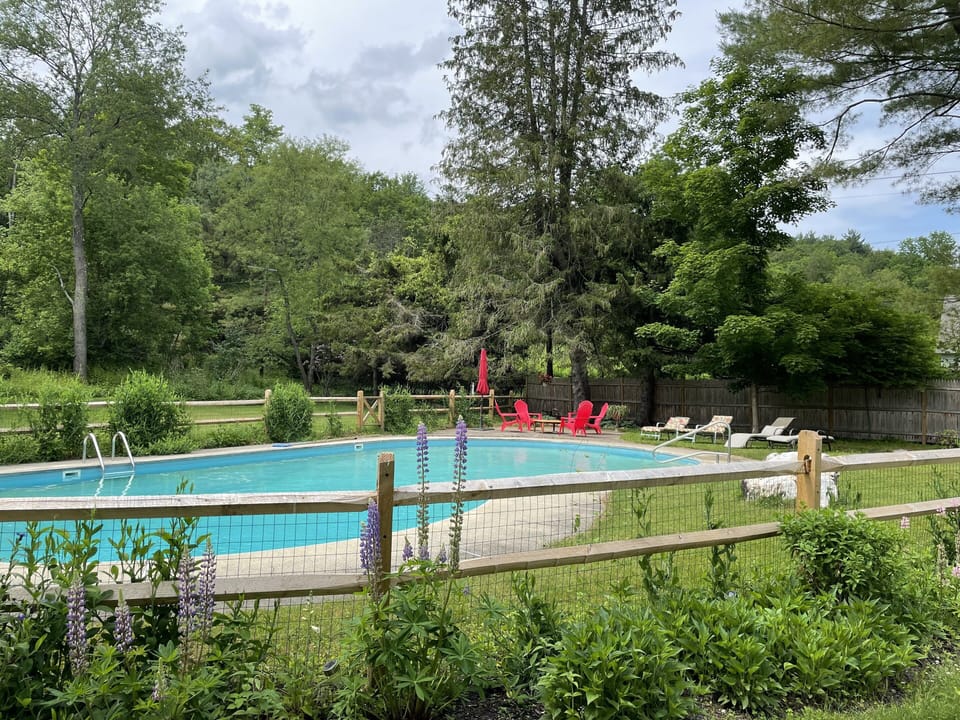 Pool is surrounded by gated fence and flowers