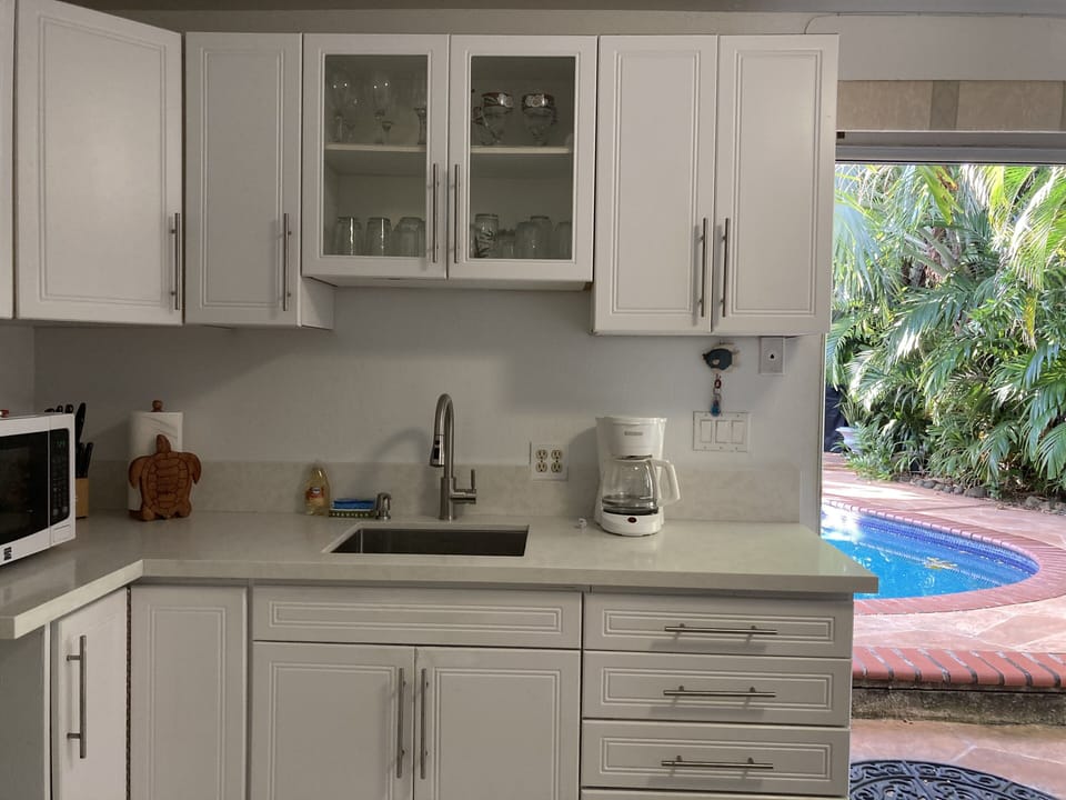 Palm Villa kitchen and view of the pool and garden area
