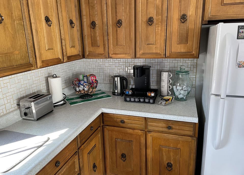 The kitchen is well stocked with an assortment coffee and tea