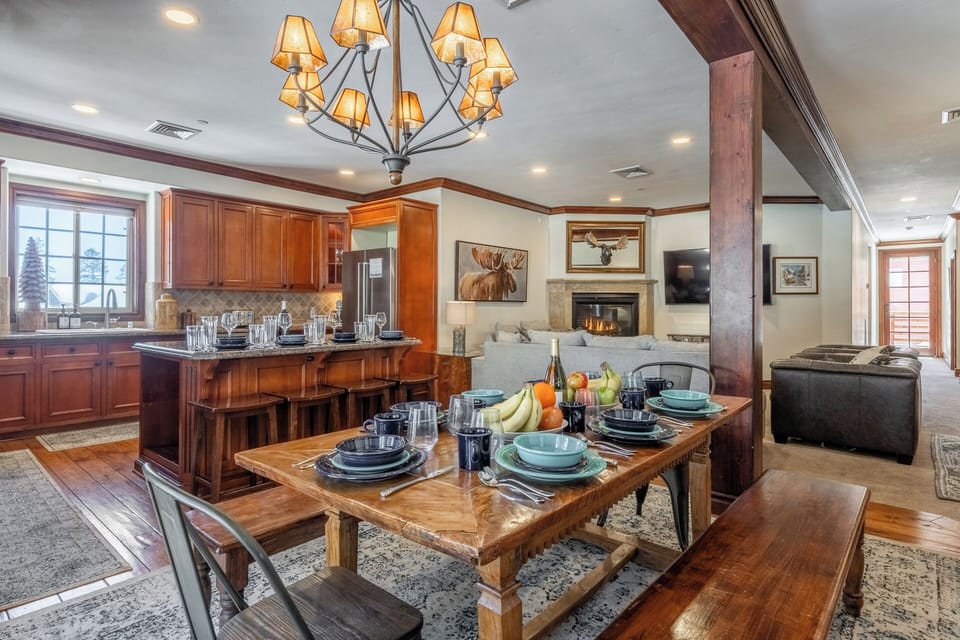 An open concept and comfortable offers room for shared meals, games, and planning the next adventure.