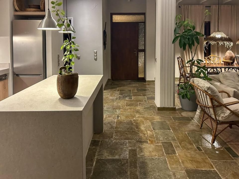 Kitchen setup, opening to the lounge area 