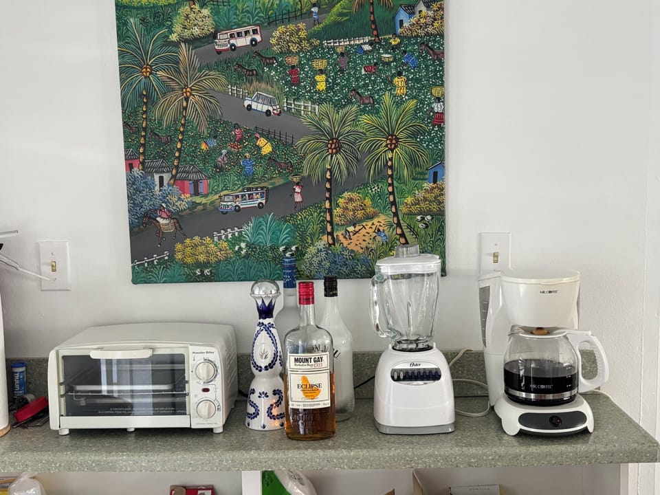 Toaster oven, blender and coffee machine.