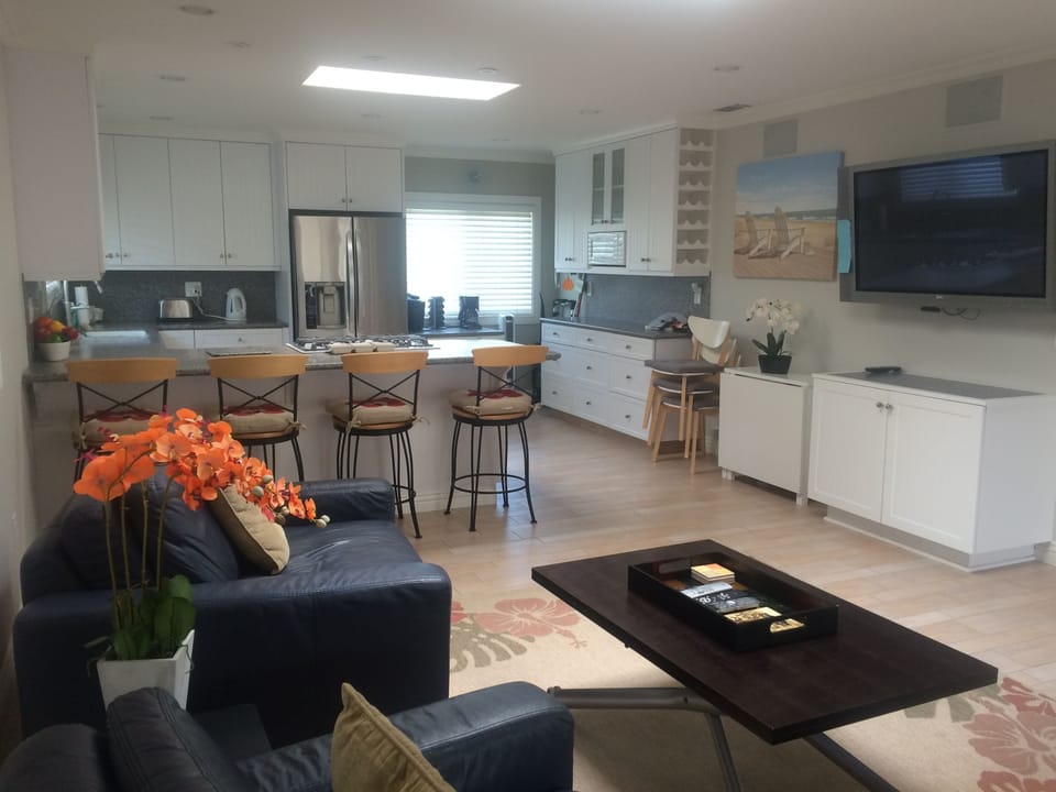 Comfy living room overlooking the spacious, open kitchen. 