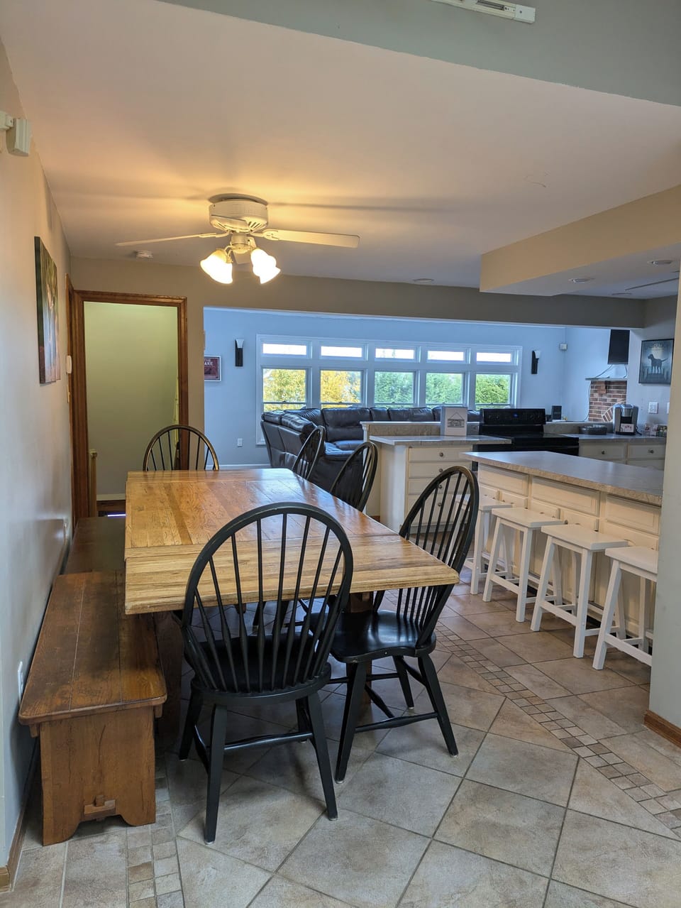 Entrance view of open concept dining, kitchen, and living room