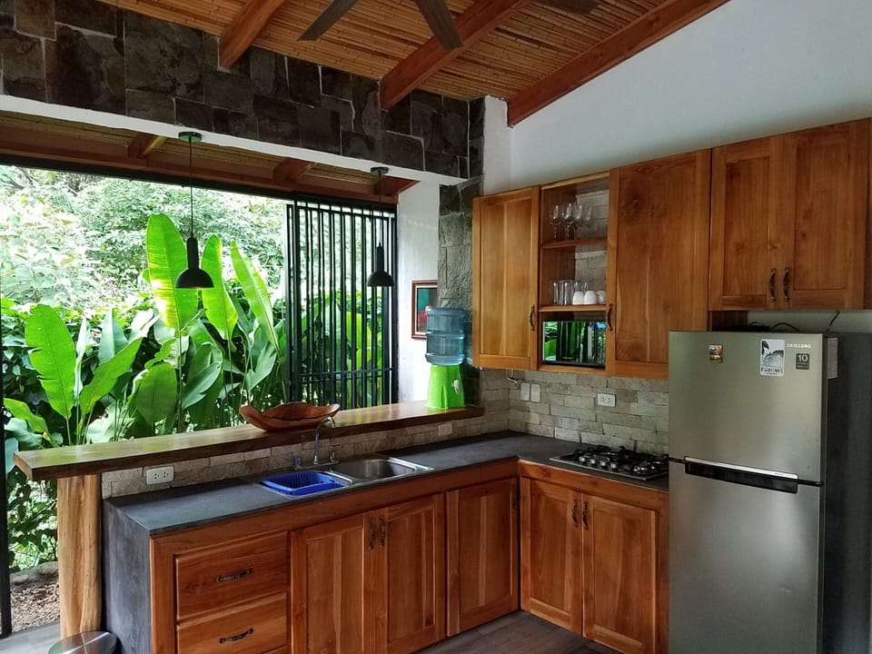 rich wood cabinetry, modern appliances, and views of the surrounding greenery.