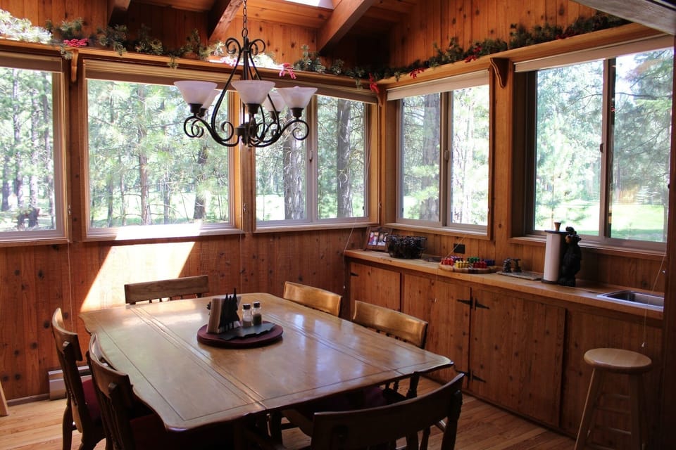 Well-lit dining room.