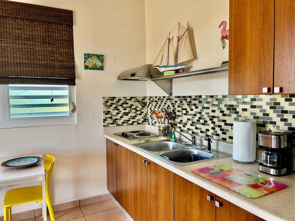 KITCHEN WITH 2 STOVE BURNER, REFRIGERATOR, MICROWAVE, POTS & PANS, MICROWAVE