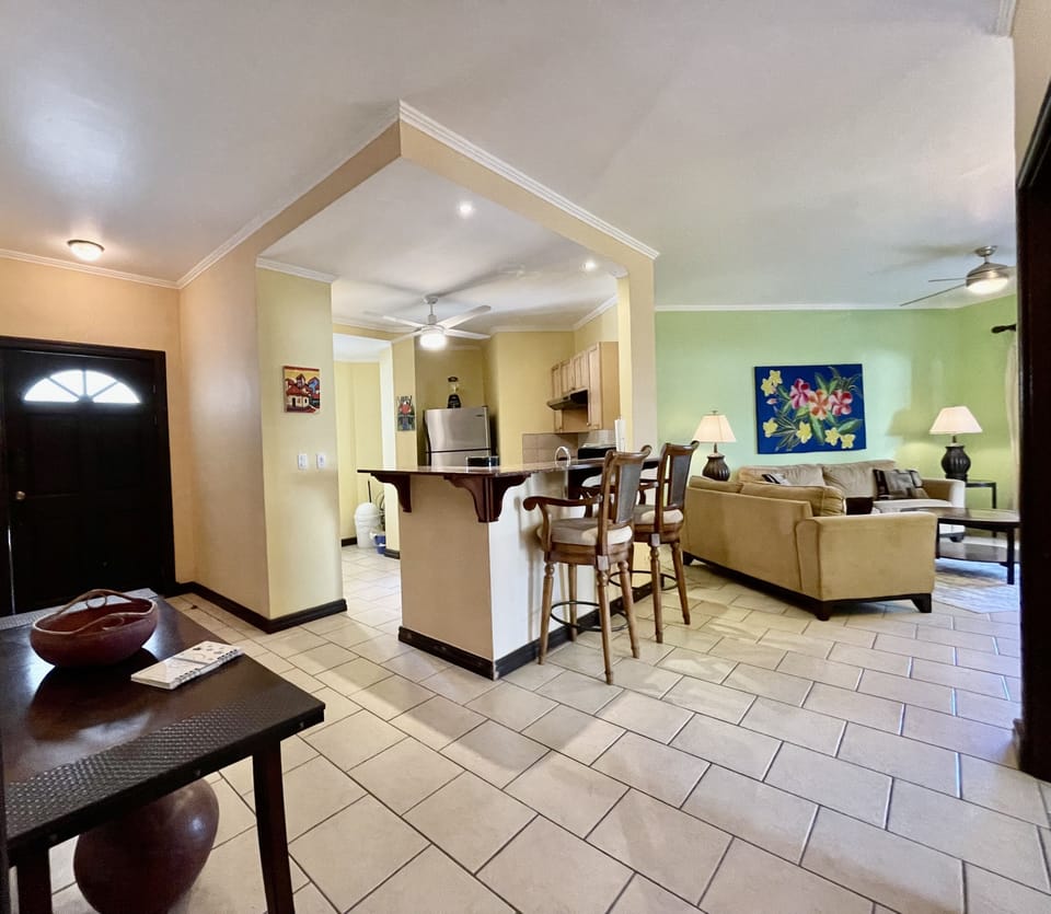 Front door on left and kitchen in the middle and living space on the right
