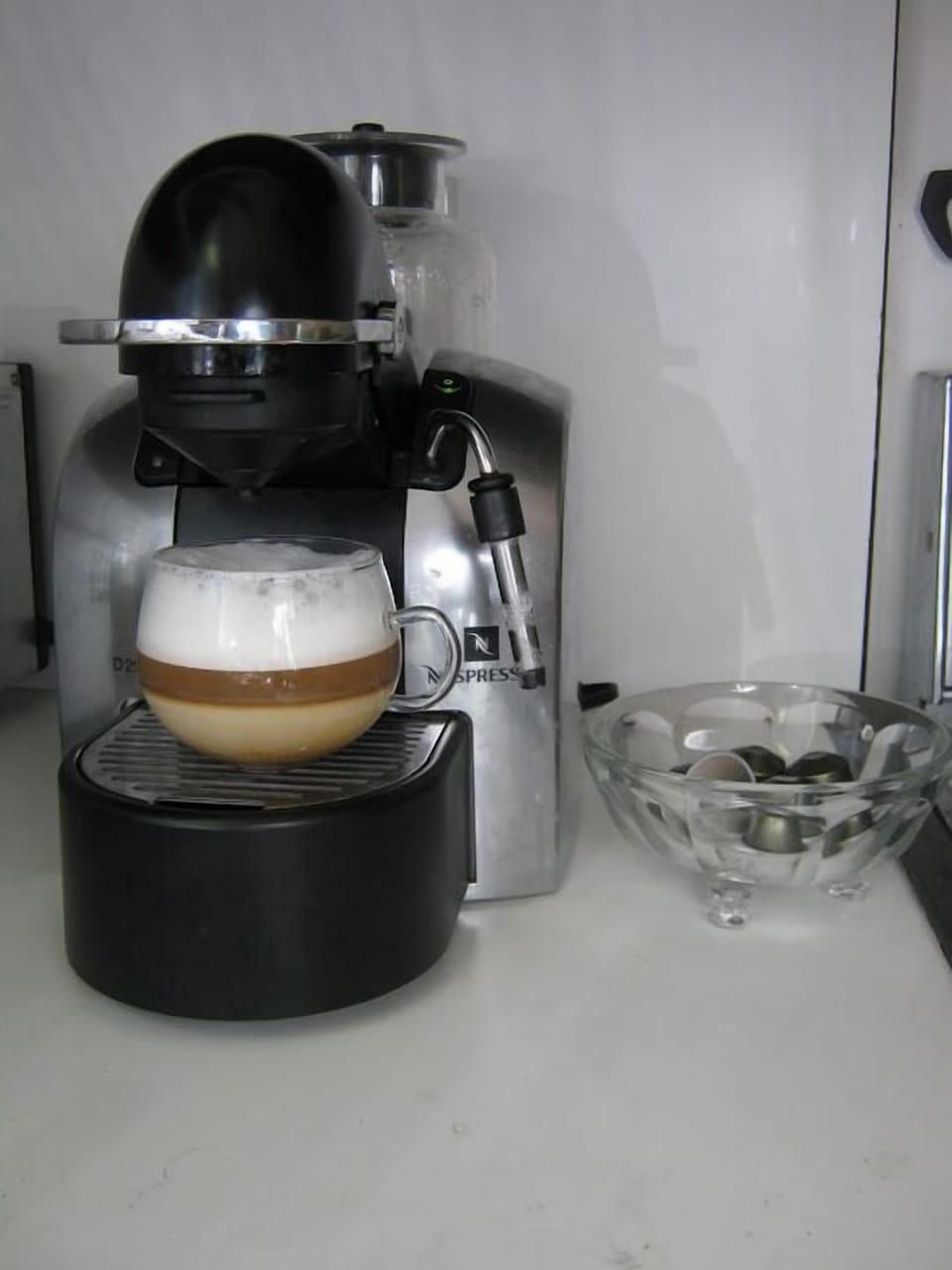 Morning Cappuccino from a Nespresso D290. 
French Press & Teavana also available