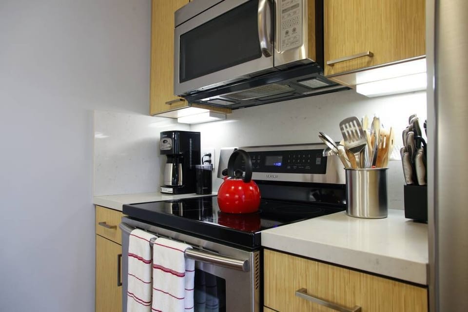 Kitchen with microwave oven.