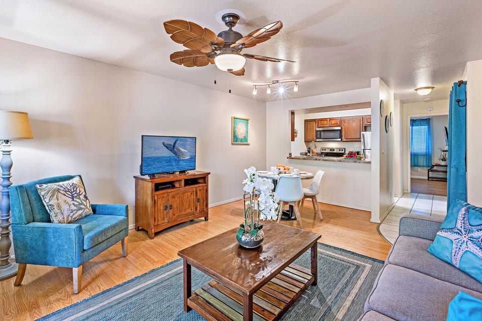 Bright and airy living space with stunning Hawaiian decor and a laid-back vibe.