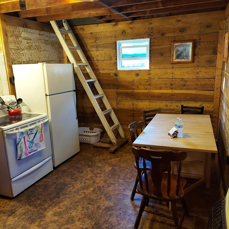 Dining room view of ladder which goes up to loft bedroom.