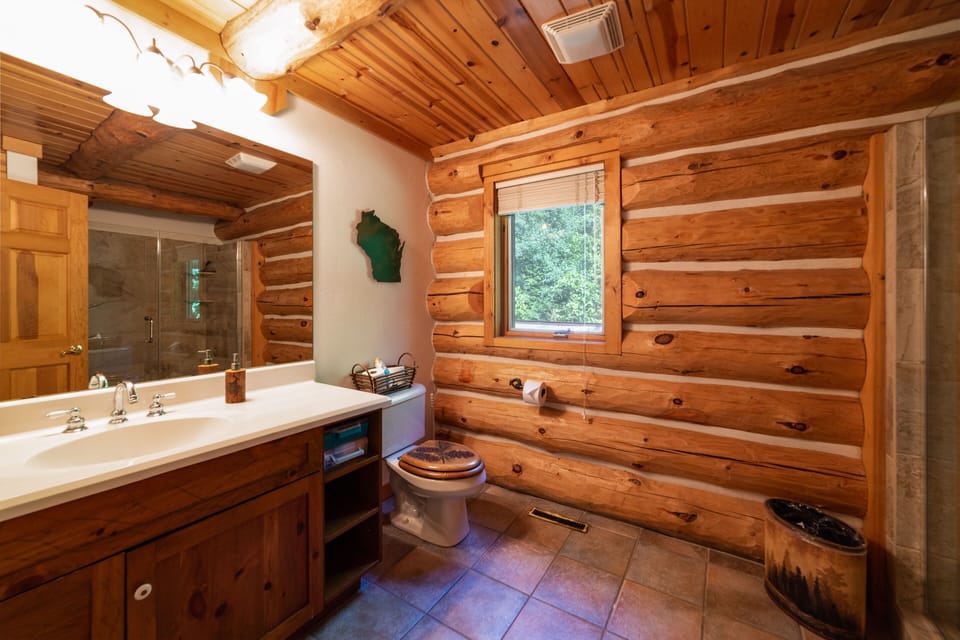 Spacious bathroom.  Hair dryer and first aid kit (just in case) included.  