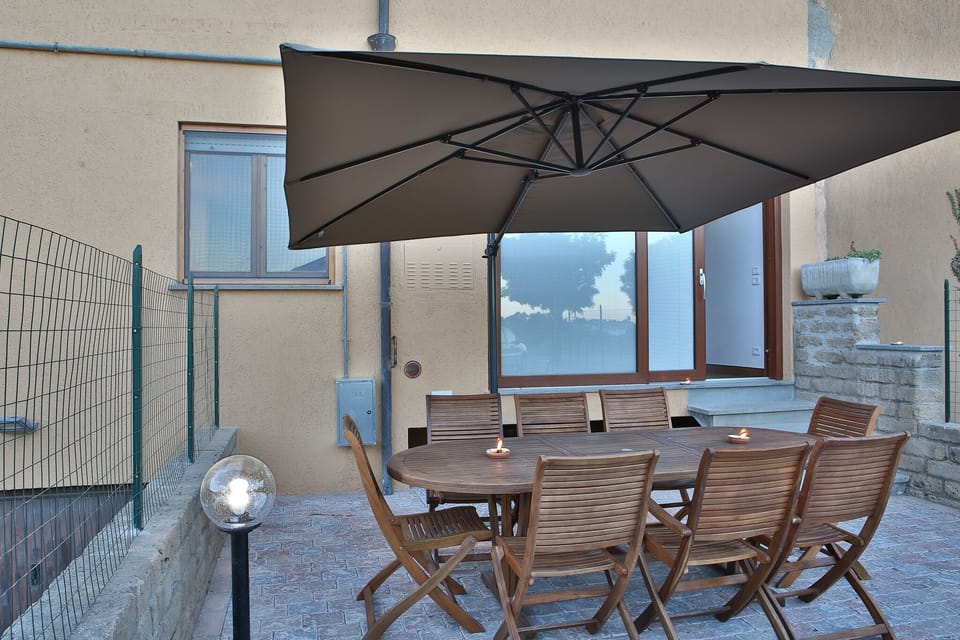 Back yard table and umbrella