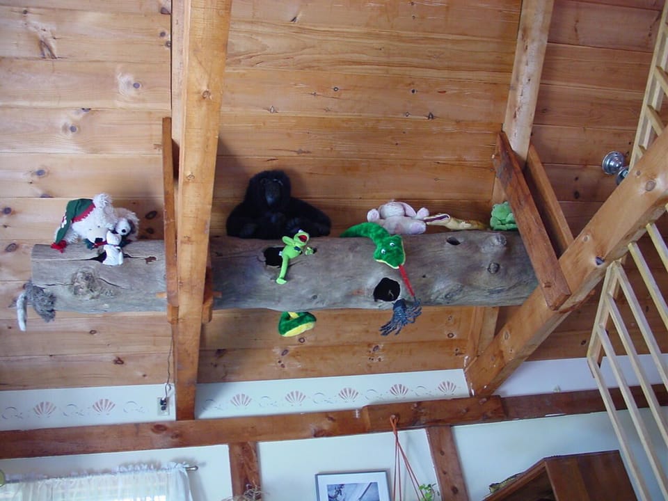 Old Adirondack Log with stuffed animals