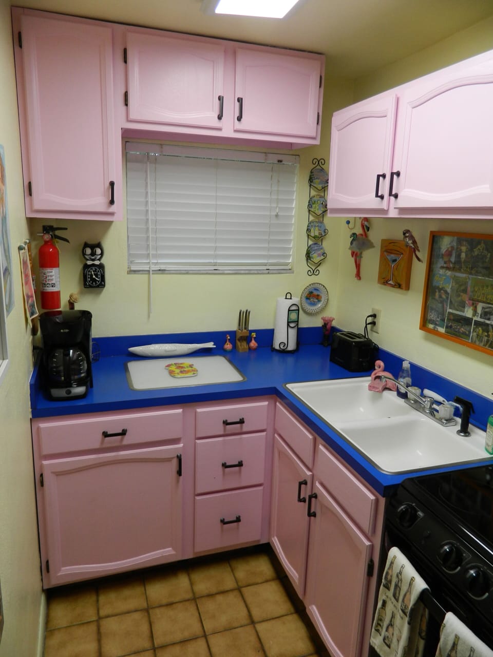 Retro pink kitchen cabinets with new black appliances. Glass top stove.