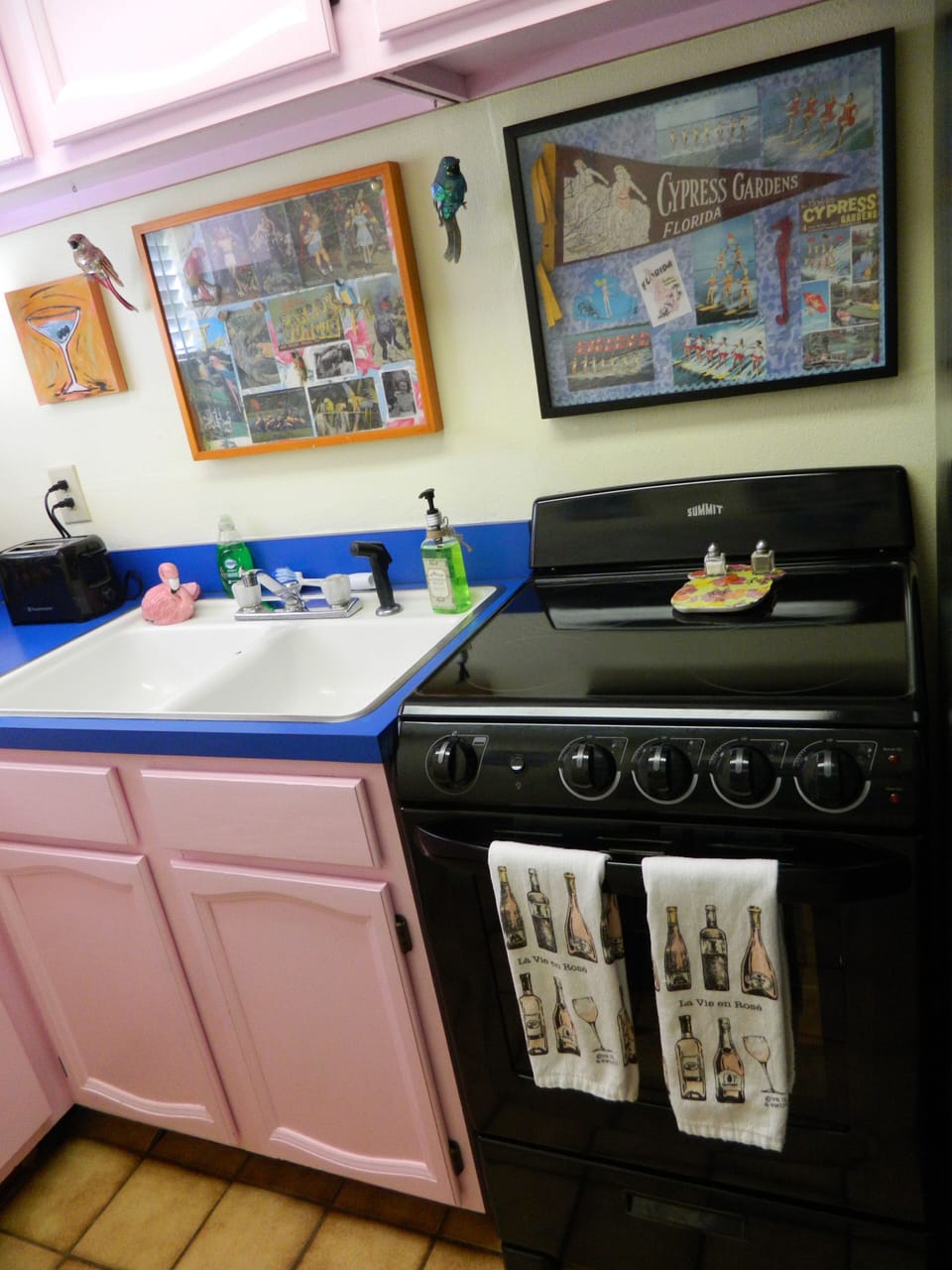 Black glass top stove with retro pink cabinets.