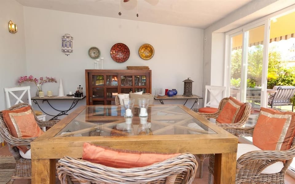 View from the pool into the dining area