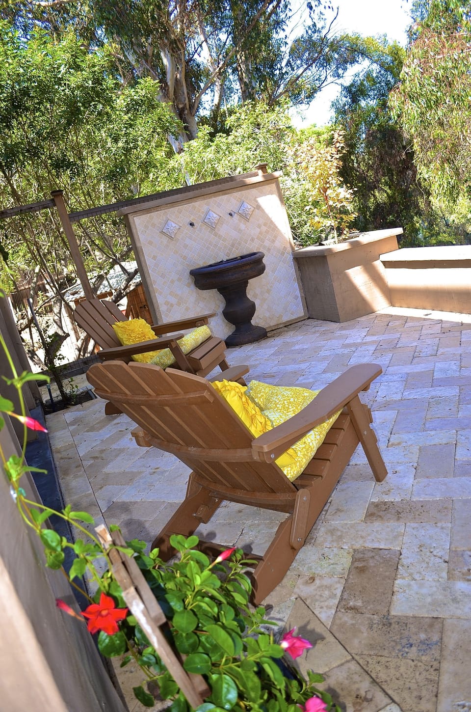 View from front doors of the courtyard, fountain & Eucalyptus trees.