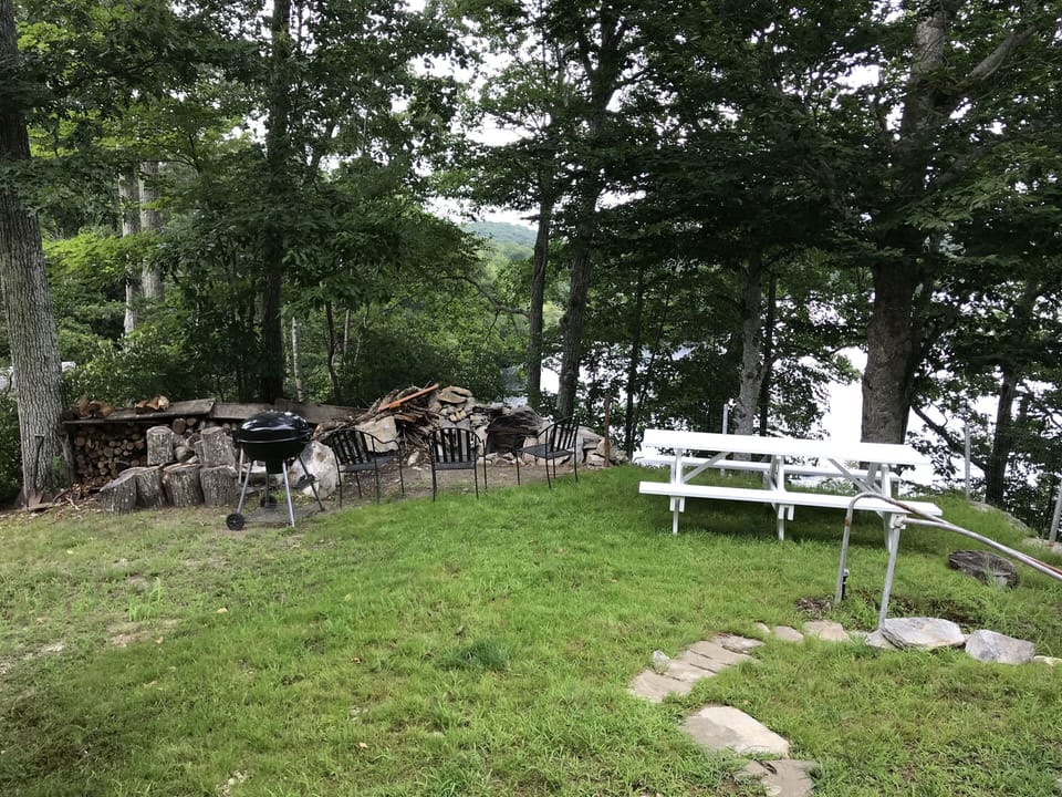 Fire pit, charcoal grill & picnic table.