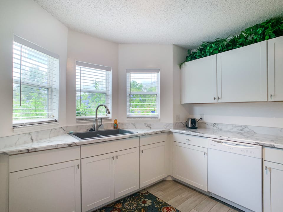Double kitchen sink with electric disposal and dish washer. 